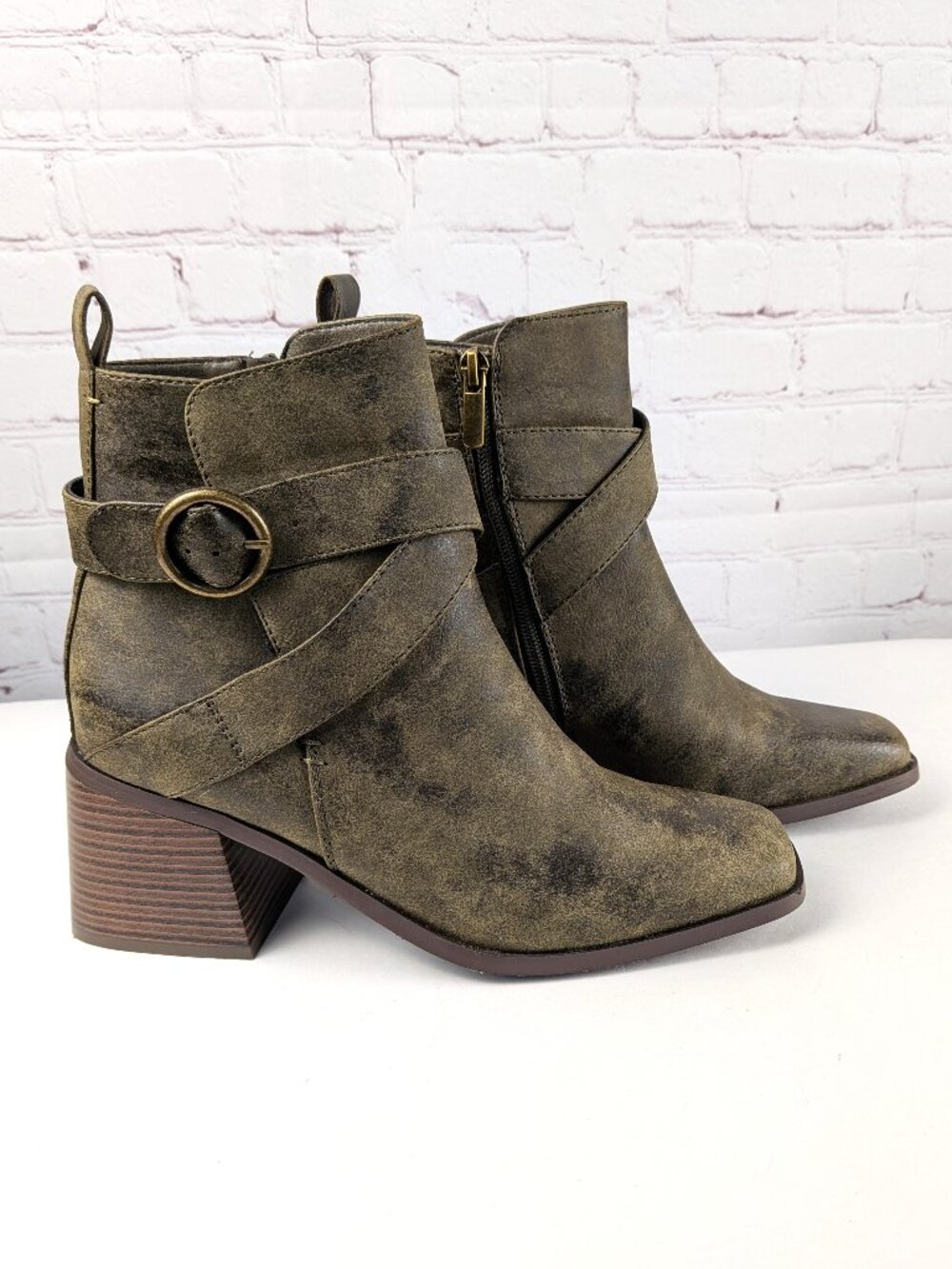 Cato Comfort Olive Faux Leather Block Heel Ankle Boots 8.5